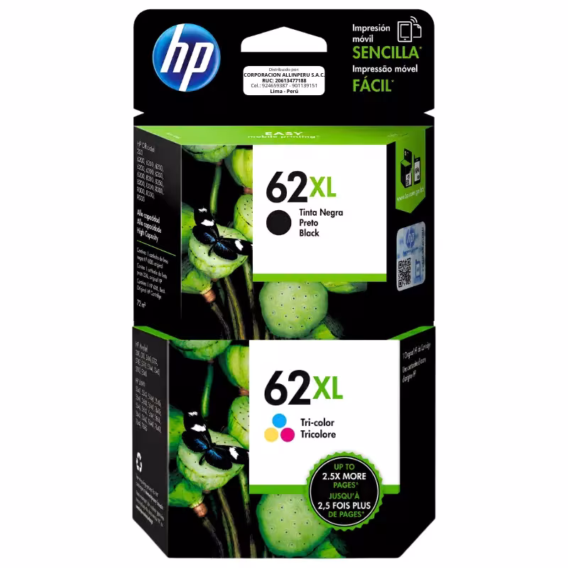 Pack Tinta HP 62 Negro y Tricolor original vista frontal
