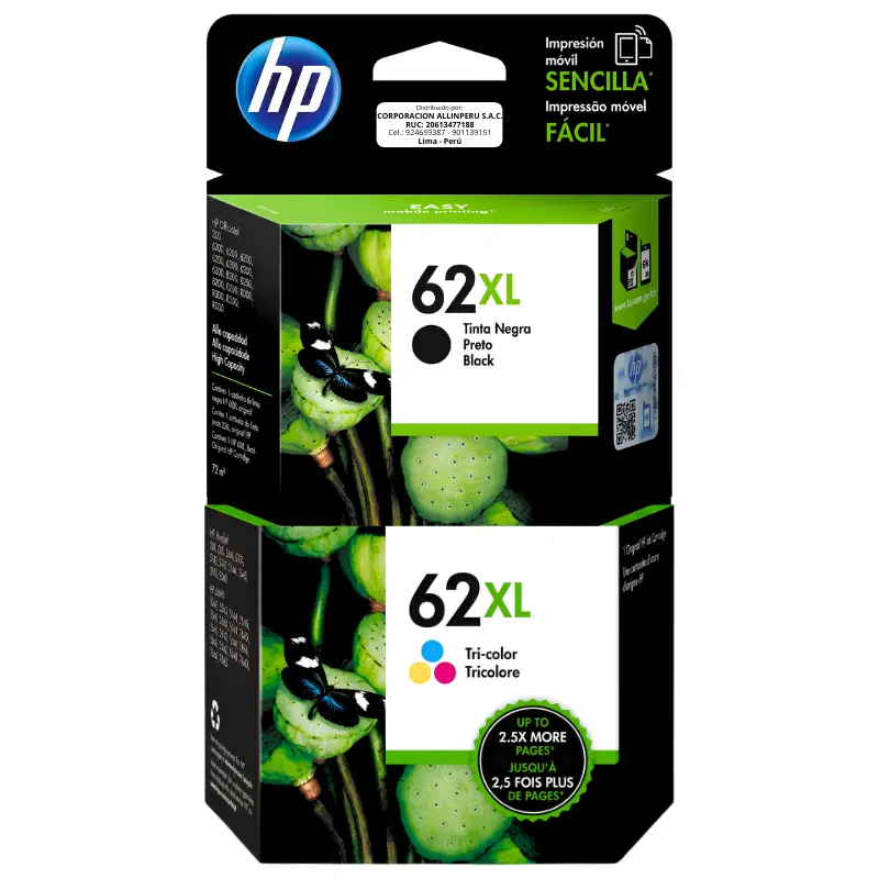 Pack Tinta HP 62 Negro y Tricolor — vista frontal Pack Tinta HP 62 Negro y Tricolor original vista frontal