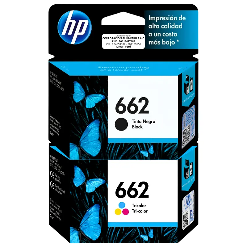 Pack Tinta HP 662 Negro y Tricolor — vista frontal Foto de pack tinta HP 662 negro y tricolor original