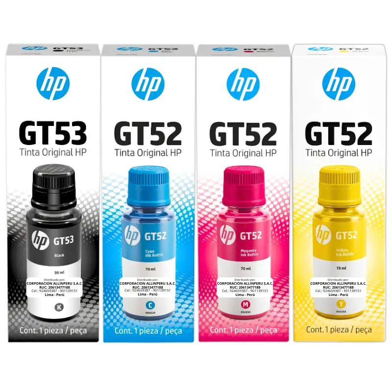 Pack de Tinta HP GT53 y GT52 Original 4 Colores Pack de tinta HP GT53 GT52 negro cian magenta amarillo