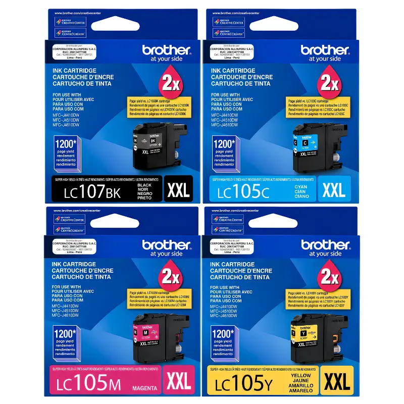 Pack de tinta Brother LC107BK LC105 4 colores de frente