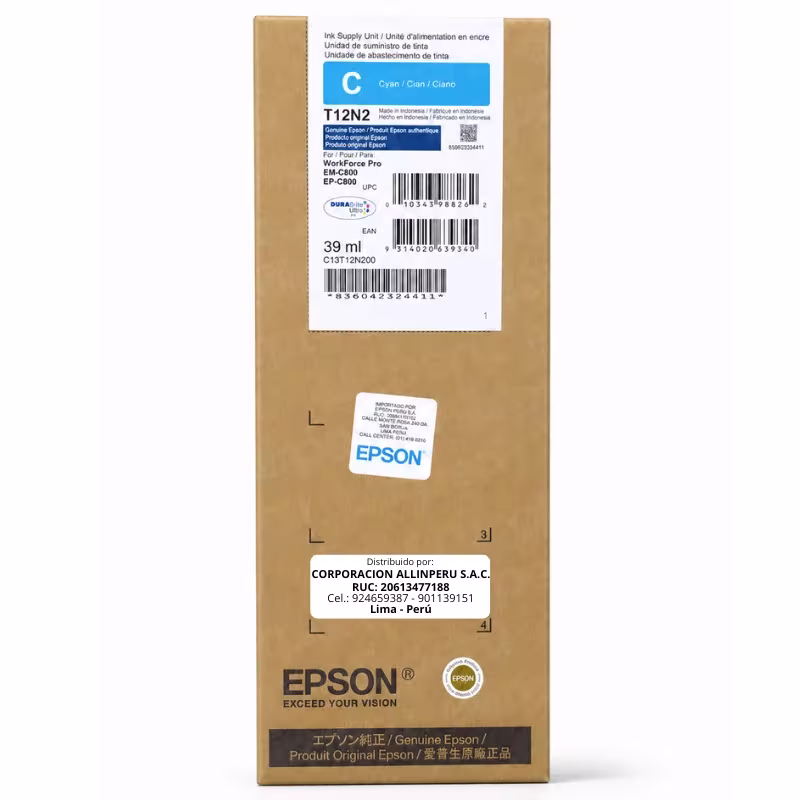 Foto de tinta Epson T12N200 Cyan 39ml original vista frontal del empaque