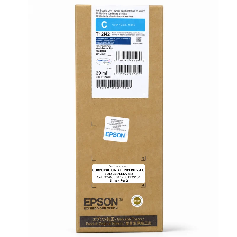 Foto de tinta Epson T12N200 Cyan 39ml original vista frontal del empaque