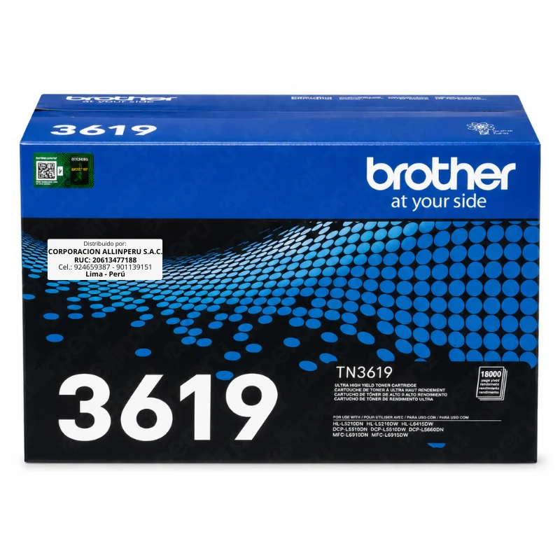 Foto de tóner Brother TN-3619 negro original vista frontal del cartucho