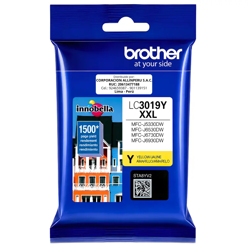 Tinta Brother LC3019Y amarillo original vista frontal del cartucho